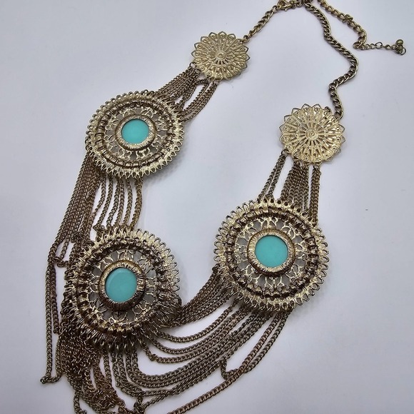 Gold Tone and Blue Statement Necklace Dangling Chains Fashion Boho Festival‎ - Picture 6 of 8